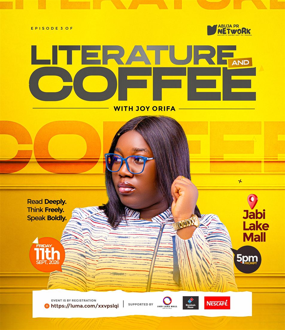 Literature and Coffee flyer in yellow, Jabi Lake Mall, the 11th at 5pm.