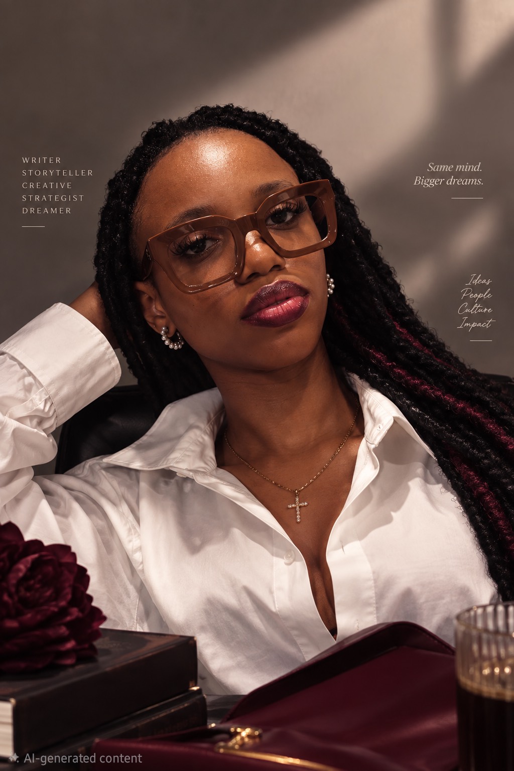 Portrait of Stephanie Osaro in a white shirt and tortoiseshell glasses, with a burgundy rose, books and coffee. Text reads: Writer, Storyteller, Creative Strategist, Dreamer. Same mind. Bigger dreams.